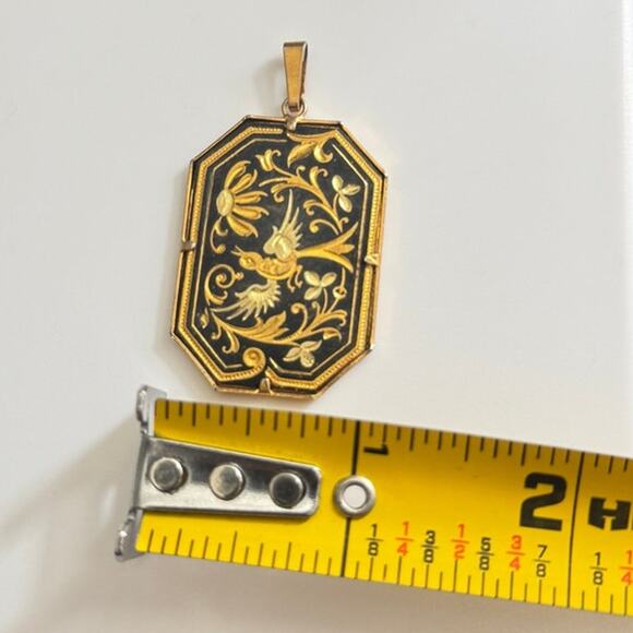 Vintage Damascene Bird With Flowers Gold Plated Pendant - Picture 2 of 7